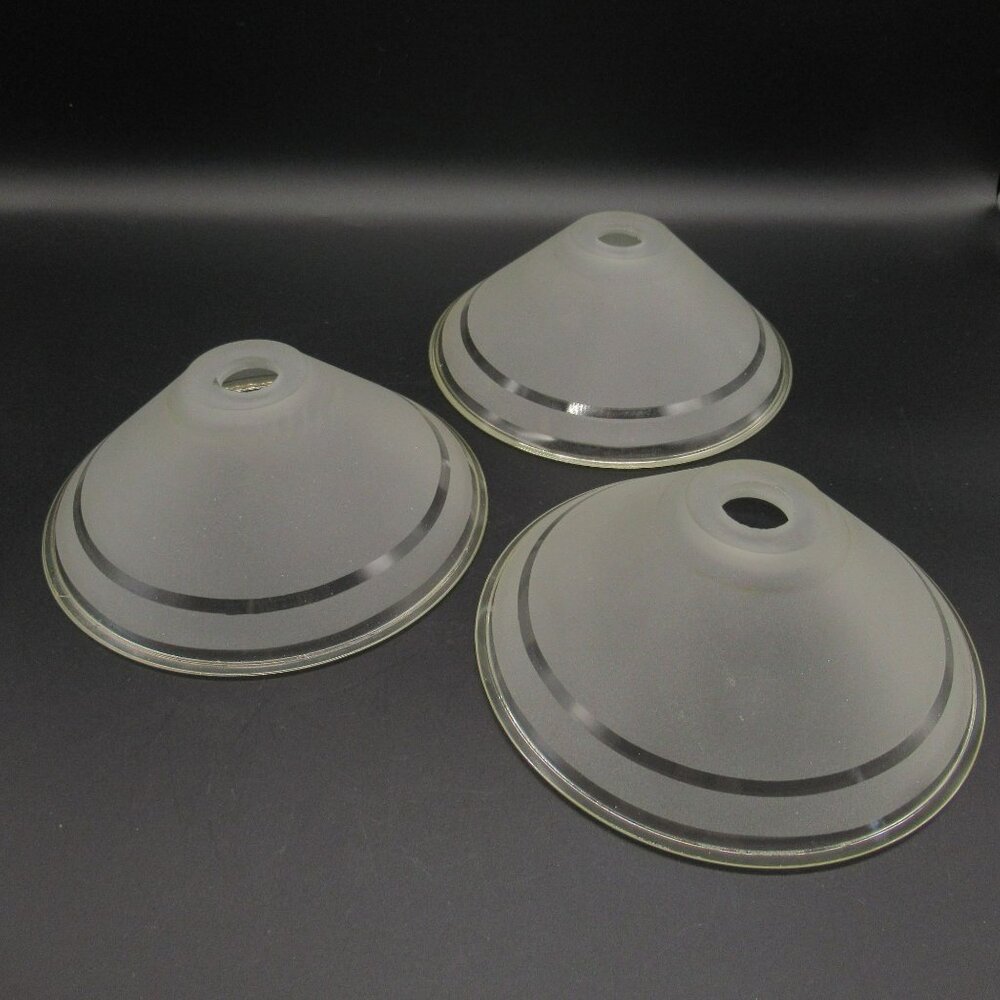 Set Of 3 Frosted Glass Light Lamp Shades With Clear Stripes Art Deco 6.75"